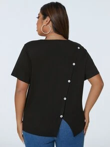Plus Button Back Solid Tee - Black - View 2