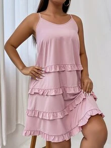 大碼多層下擺吊帶洋裝 - 藕粉色 - 查看 4