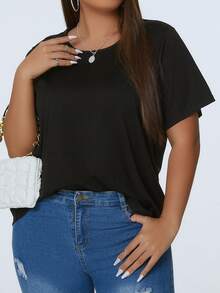 Plus Button Back Solid Tee - Black - View 4
