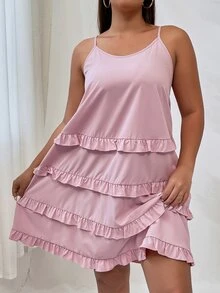大碼多層下擺吊帶洋裝 - 藕粉色 - 查看 3