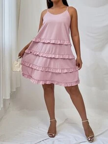 大碼多層下擺吊帶洋裝 - 藕粉色 - 查看 5
