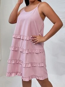 大碼多層下擺吊帶洋裝 - 藕粉色 - 查看 7