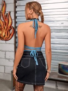 Zolique 金屬圓環前露背打結吊脖針織上衣 - 藍色 - 查看 2