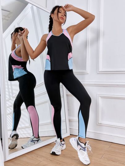 2pcs Contrast Panel Workout Set Yoga Suit Top-Stitching Tank & Leggings Workout Set Workout Set Workout Women Set