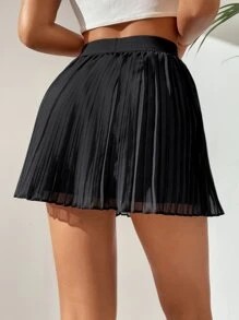 SHEIN PETITE Solid Pleated Chiffon Skirt - Black - View 2
