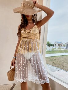 SHEIN VCAY Contrast Embroidery Mesh Fringe Trim Cami Jumper Dress - Multicolor - View 4