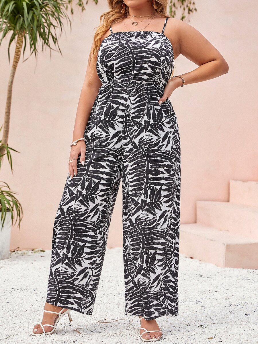 波西米亞植物 全身印花加大碼連身褲 - 黑與白 - 查看 1