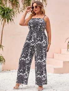 波西米亞植物 全身印花加大碼連身褲 - 黑與白 - 查看 5