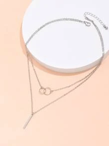 Circle Pendant Layered Necklace - Silver - View 2