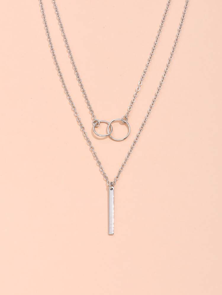 Circle Pendant Layered Necklace - Silver - View 4