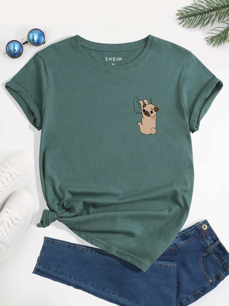 SHEIN LUNE Camiseta con estampado de perro de dibujos animados de cuello redondo - Verde Oscuro - Ver 1