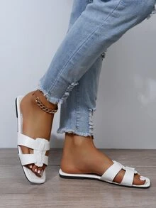 Caged Strap Flat Slide Sandals - White - View 2