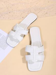 Caged Strap Flat Slide Sandals - White - View 3