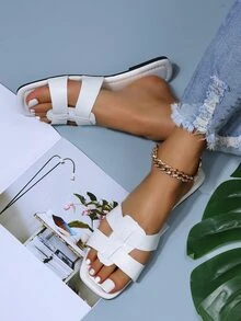 Caged Strap Flat Slide Sandals - White - View 6