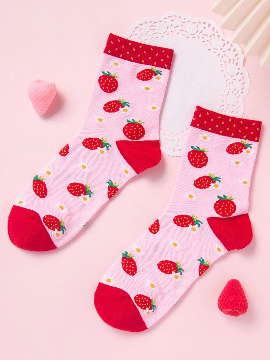 Strawberry Print Crew Socks - Multicolor - View 1