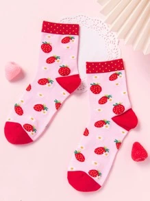 Strawberry Print Crew Socks - Multicolor - View 2
