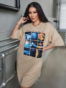 SHEIN SXY Đầm Đồ họa Lá thư Giải trí - Màu Khaki - Xem 5