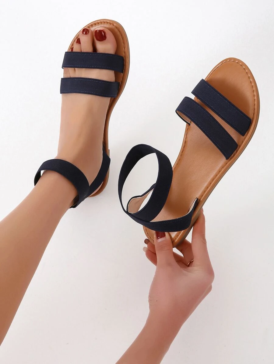 Ankle Strap Flat Sandals - Black - View 1