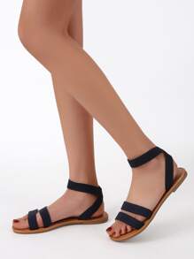 Ankle Strap Flat Sandals - Black - View 2