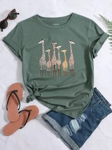 INAWLY Camiseta con estampado de jirafa de cuello redondo - Verde Oscuro - Ver 1