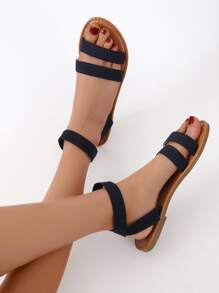 Ankle Strap Flat Sandals - Black - View 3