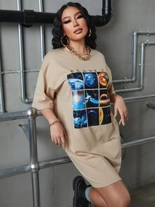 SHEIN SXY Đầm Đồ họa Lá thư Giải trí - Màu Khaki - Xem 6