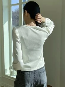 DAZY Áo thun tay bồng dệt kim gân, quần áo mùa thu dài tay cho nữ - Màu be - Xem 2