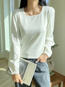 DAZY Áo thun tay bồng dệt kim gân, quần áo mùa thu dài tay cho nữ - Màu be - Xem 3