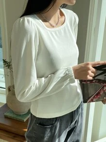 DAZY Áo thun tay bồng dệt kim gân, quần áo mùa thu dài tay cho nữ - Màu be - Xem 4