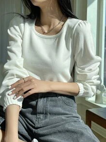 DAZY Áo thun tay bồng dệt kim gân, quần áo mùa thu dài tay cho nữ - Màu be - Xem 7