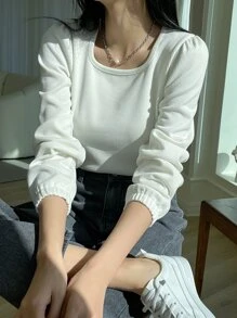 DAZY Áo thun tay bồng dệt kim gân, quần áo mùa thu dài tay cho nữ - Màu be - Xem 8