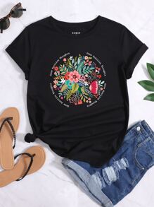 SHEIN LUNE Camiseta con estampado floral con slogan - Negro - Ver 1