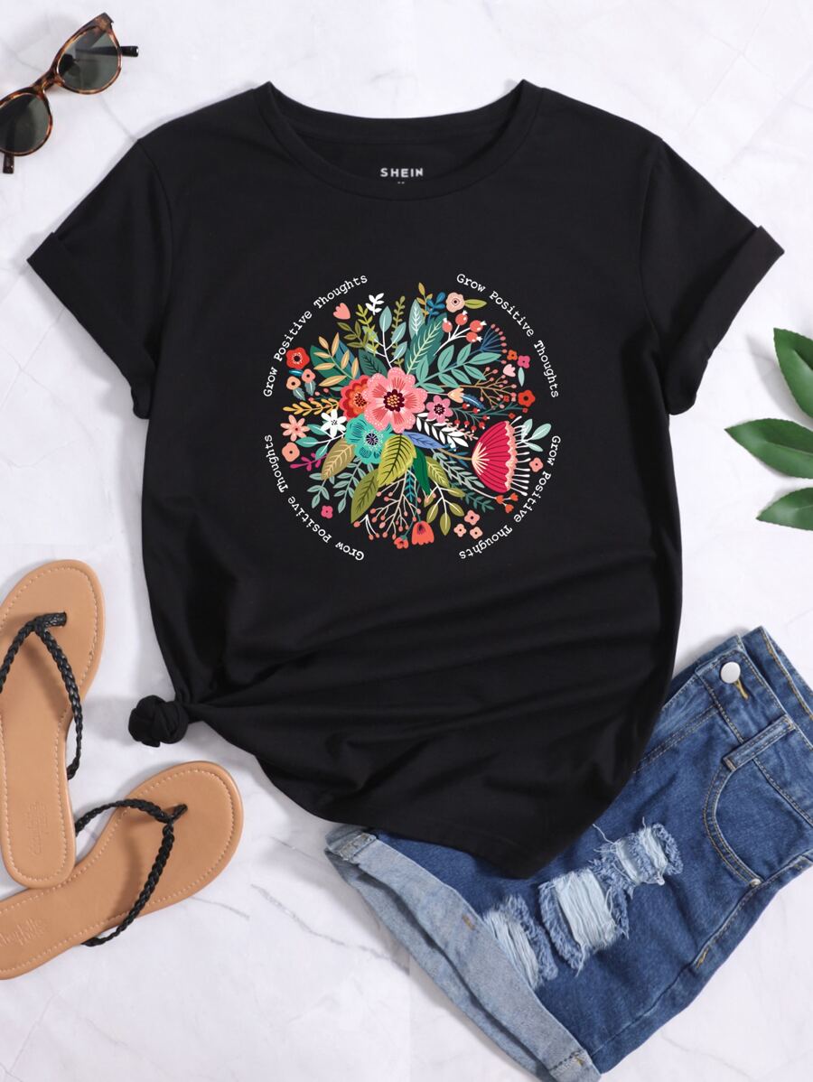 SHEIN LUNE Camiseta con estampado floral con slogan - Negro - Ver 1