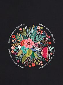 SHEIN LUNE Camiseta con estampado floral con slogan - Negro - Ver 3