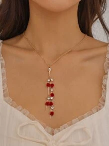 水鑽和玫瑰裝飾Y字項鍊 - 彩色 - 查看 1