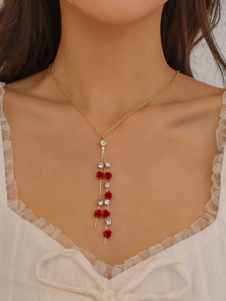 水鑽和玫瑰裝飾Y字項鍊 - 彩色 - 查看 1