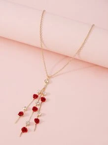 水鑽和玫瑰裝飾Y字項鍊 - 彩色 - 查看 2