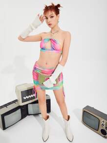 SHEIN ICON Tie Dye Cut Out Crop Mesh Halter Top & Drawstring Side Skirt - Multicolor - View 1