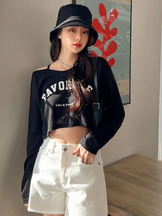 DAZY Letter Graphic Asymmetrical Neck Drop Shoulder Tee