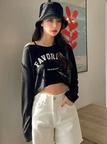DAZY Casual Tekst T-shirt Asymmetrisch
