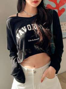 DAZY Casual Tekst T-shirt Asymmetrisch