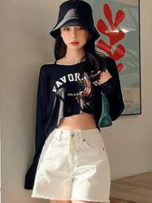 DAZY Casual Tekst T-shirt Asymmetrisch
