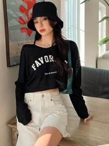 DAZY Casual Tekst T-shirt Asymmetrisch