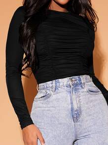 SHEIN SXY Rynkad Slätt Enkel T-Shirt - Svart - Visa 4