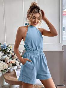 SHEIN VCAY Tie Backless Elastic Waist Solid Romper - Baby Blue - View 3