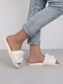 人造珍珠裝飾毛茸茸臥室拖鞋 - 米色 - 查看 8