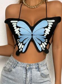 Lace Up Backless Butterfly Embroidered Cami Top - Multicolor - View 1