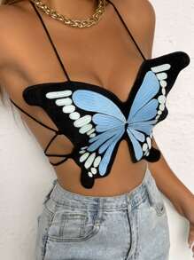 Lace Up Backless Butterfly Embroidered Cami Top - Multicolor - View 3