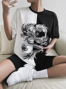 SHEIN Unity Chinese Dragon Graphic Two Tone Drop Shoulder Tee Graphic Tees Women Tops - Black and White - View 1