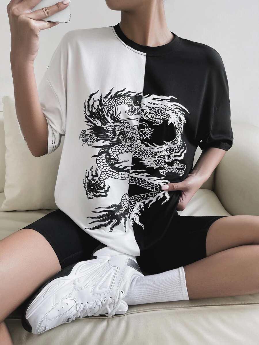 SHEIN Unity Chinese Dragon Graphic Two Tone Drop Shoulder Tee Graphic Tees Women Tops - Black and White - View 1